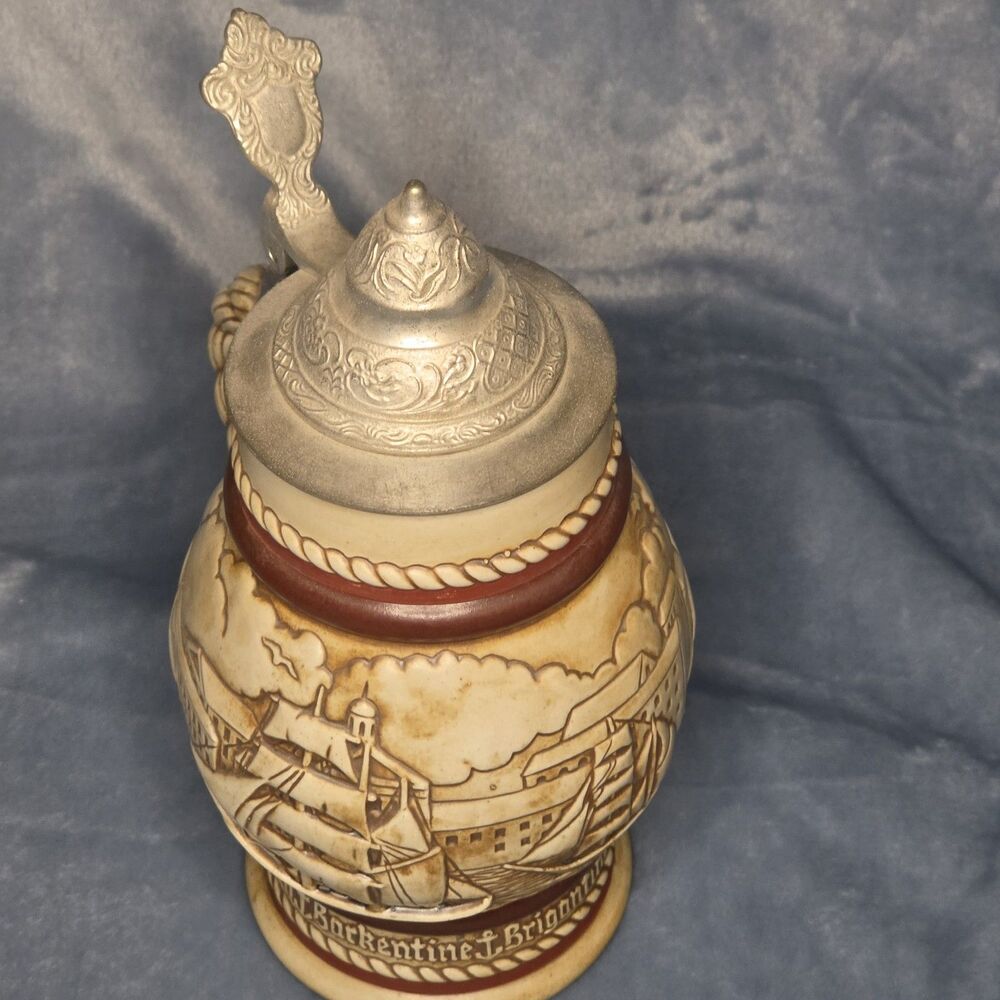 Vintage 1977 Avon Tall Ships Beer Stein Ceramic Pewter Tone Lid Brazil Nautical